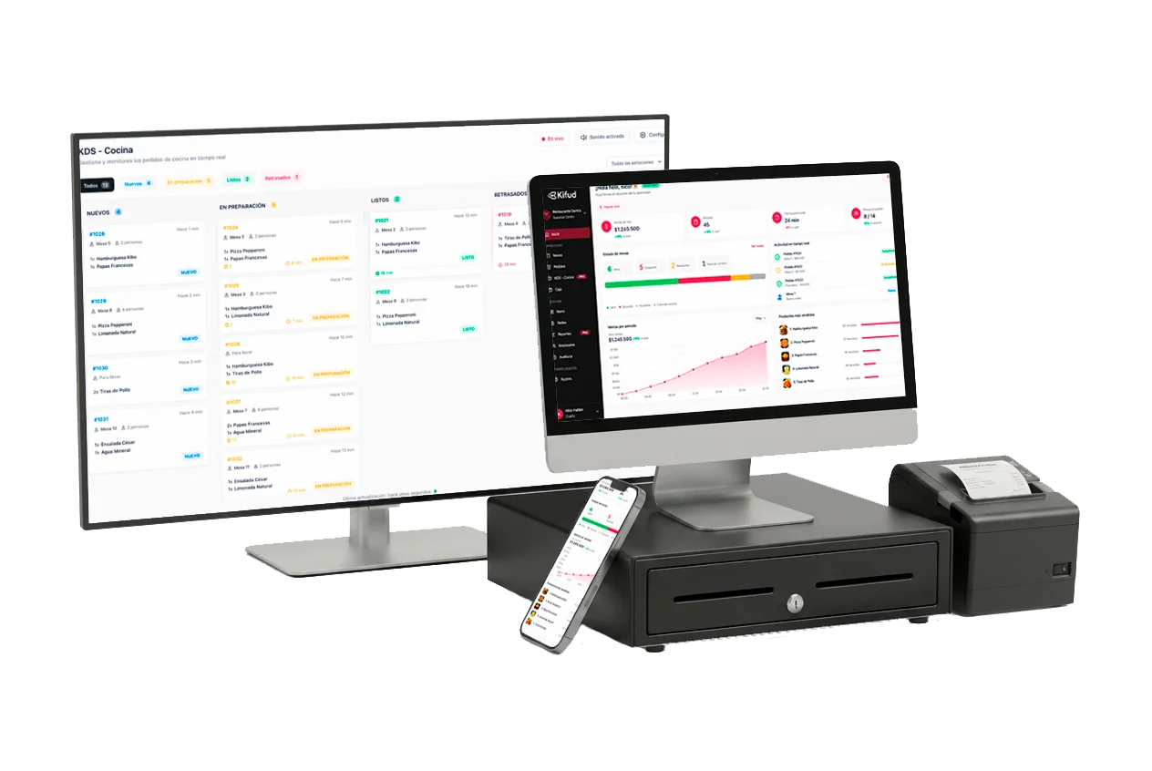 Kifud — KDS, dashboard y caja en acción